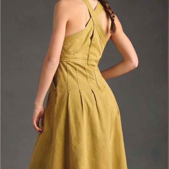 Anthropologie Pilcro Cross-Back Apron Pleated Dress Gold Woman's Size 00 - Picture 2 of 11